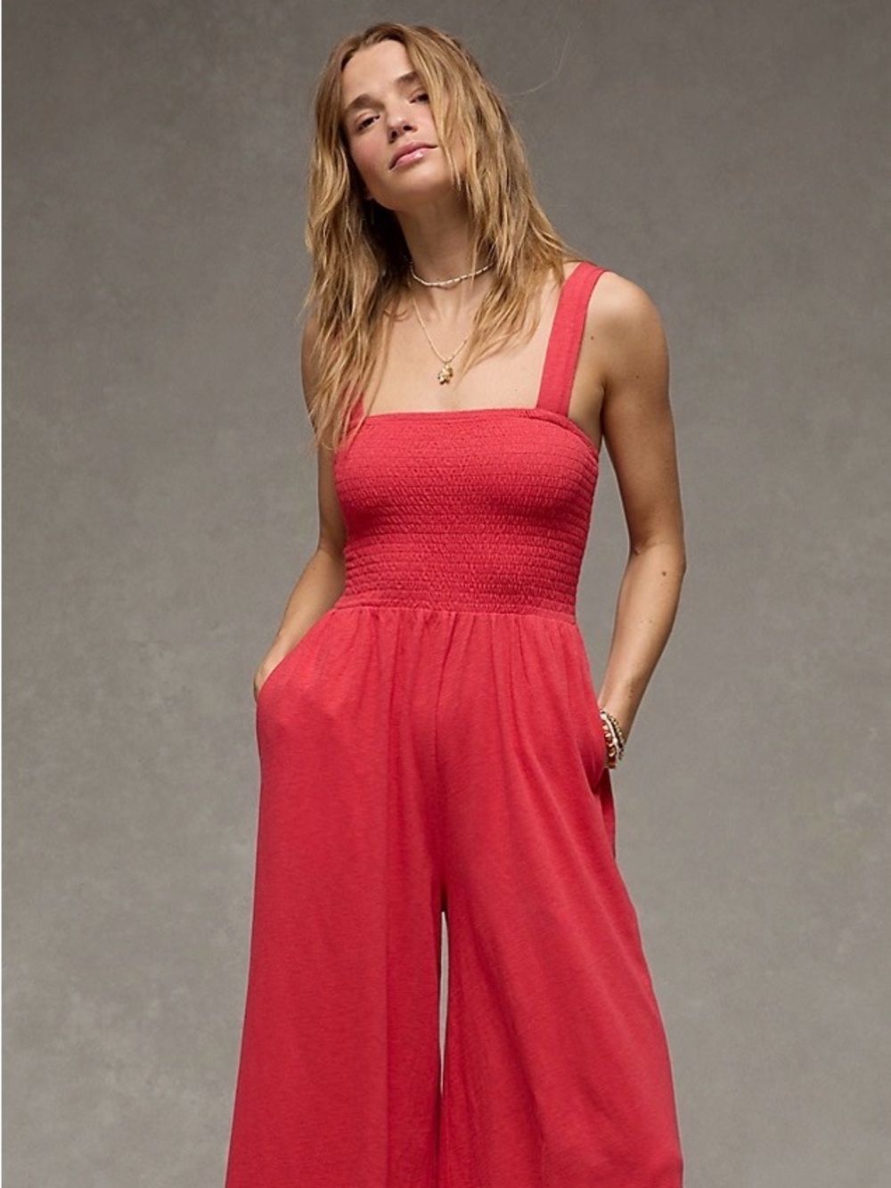 American Eagle Outfitters Coral Red Smocked Wide-Leg Jumpsuit